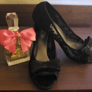 Black lace peep toe heels with lace bow